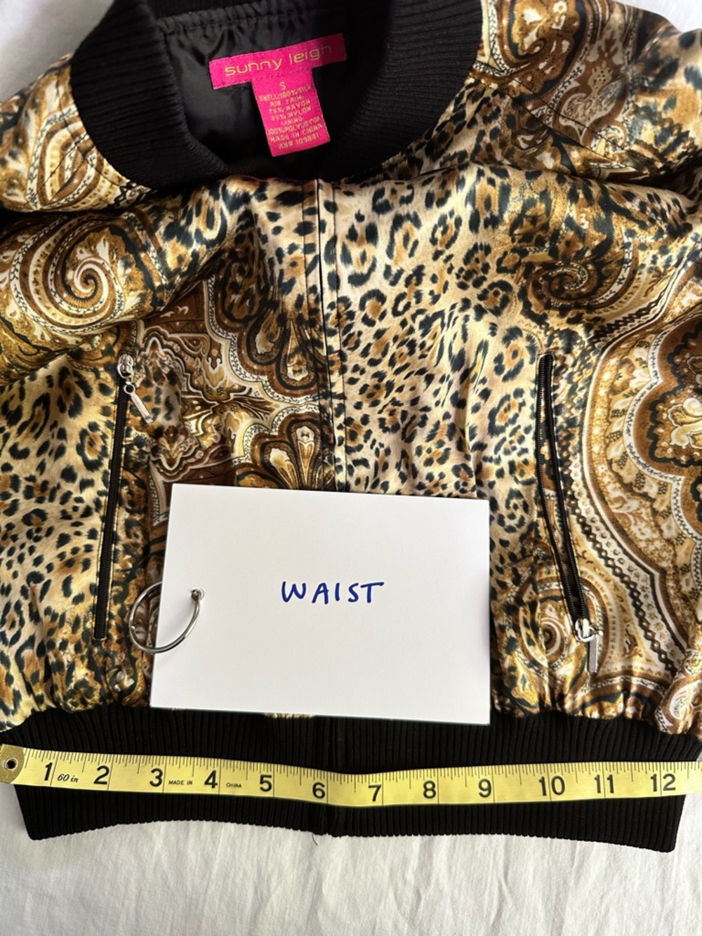 Sunny Leigh 100% Silk Leopard Paisley Bomber Jacket Black Ribbed Trim Size S - Picture 12 of 12